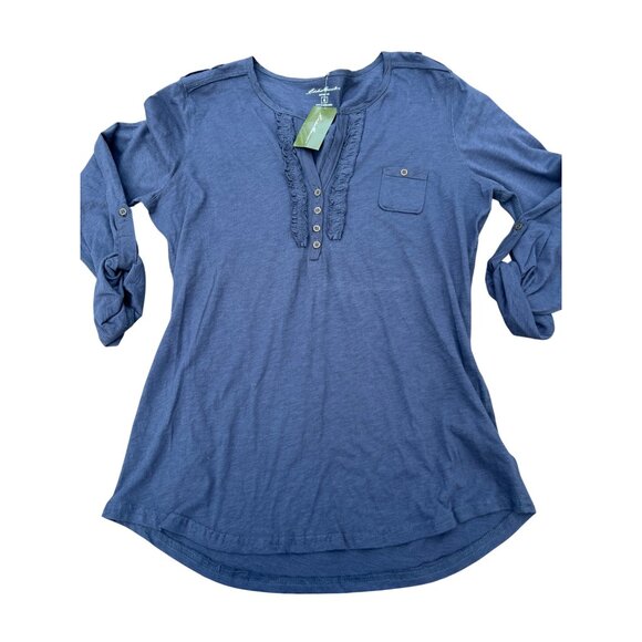 Eddie Bauer Blue Shirt V Neck Tab Sleeves Buttons Size M NWT - Picture 1 of 4
